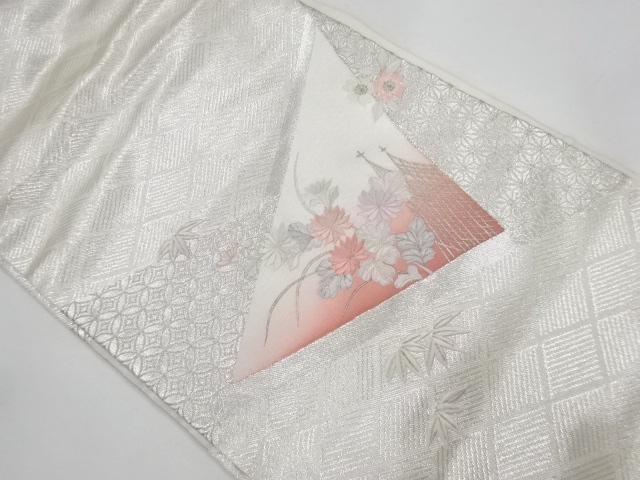 リサイクル　切嵌風網干に菊笹・桜模様刺繍名古屋帯